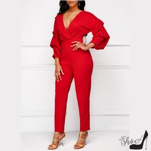 Red High Waist Ruched Sleeve Wrap Top Jumpsuit
